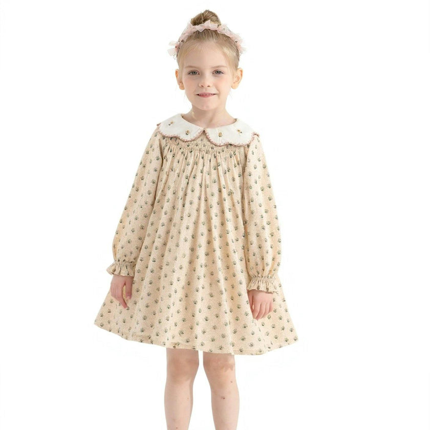 Beige Floral Smocked Dress