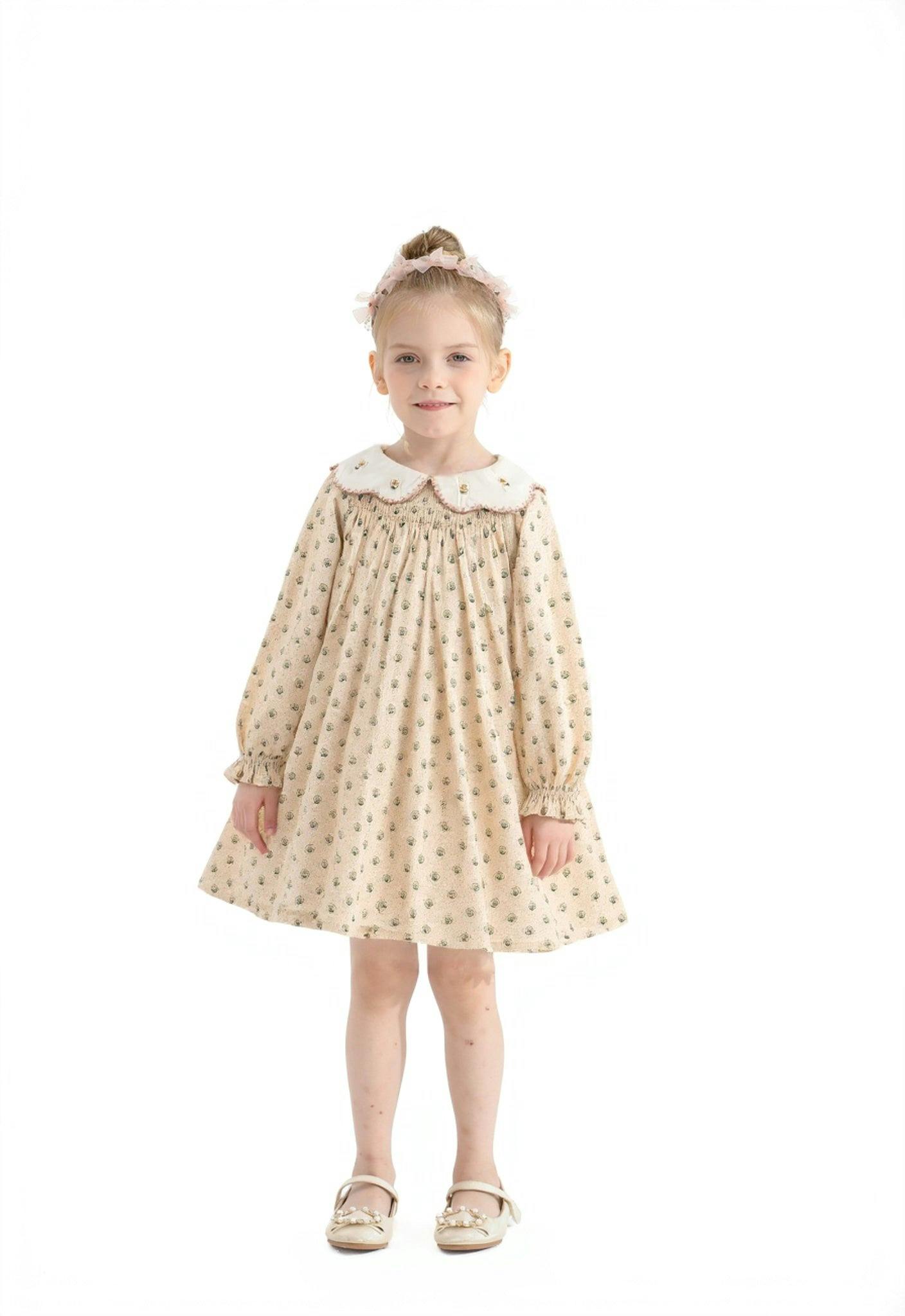 Beige Floral Smocked Dress