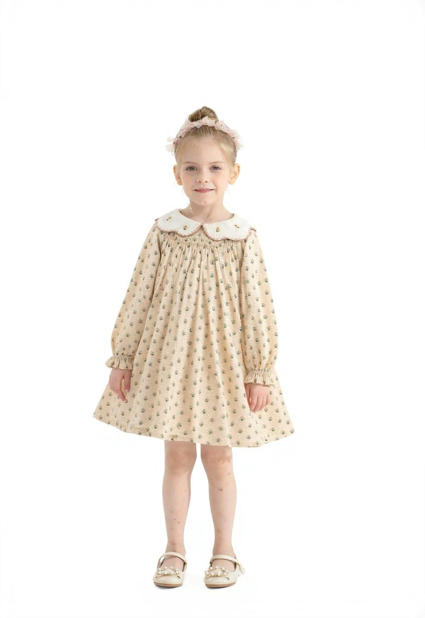 Beige Floral Smocked Dress