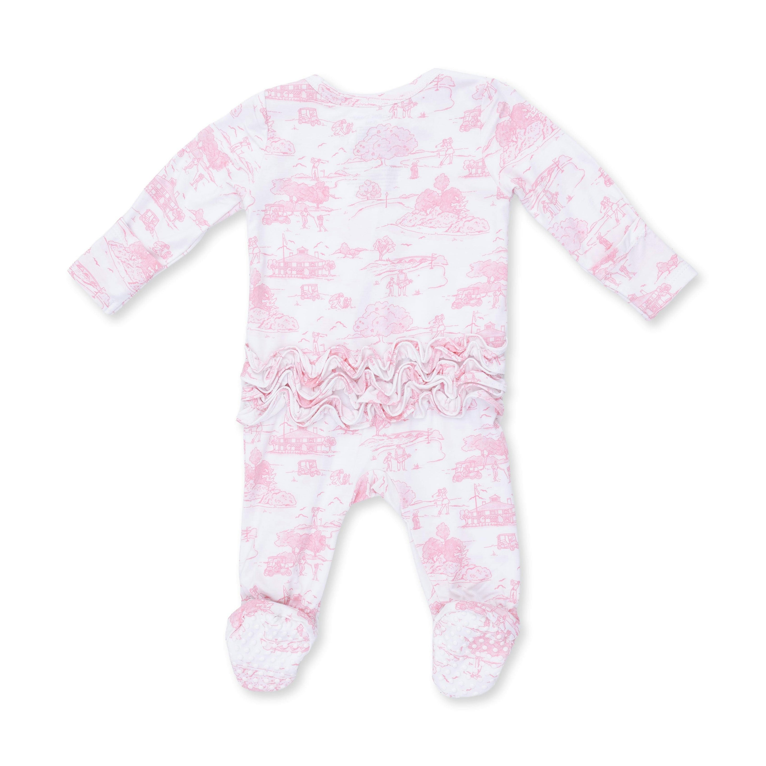 Golf Toile Pink - 2 Way Ruffle Back Zipper Footie