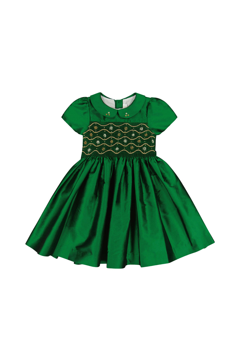 Stella Green Silk Short Sleeve Smocked Dress