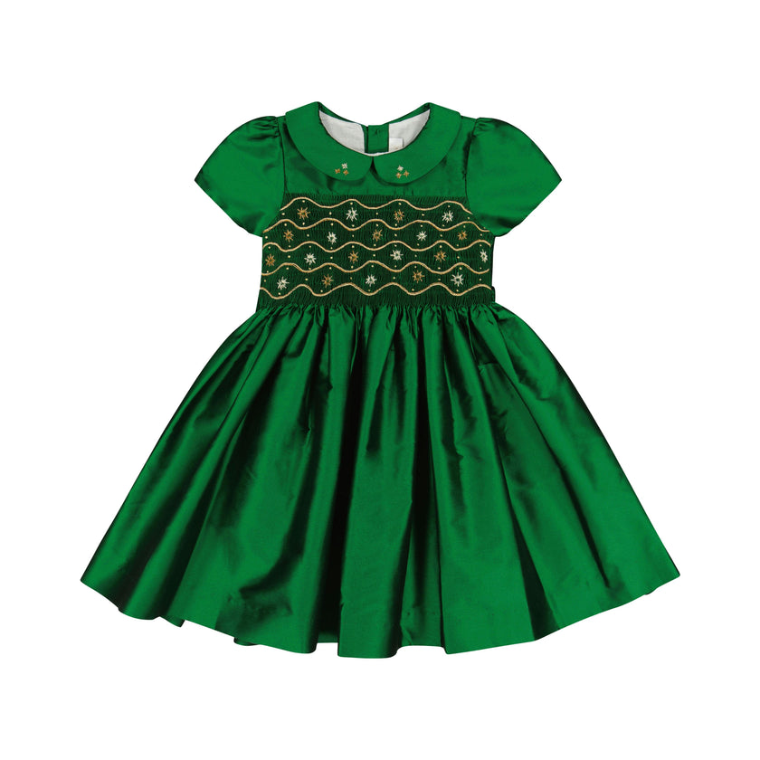 Stella Green Silk Short Sleeve Smocked Dress