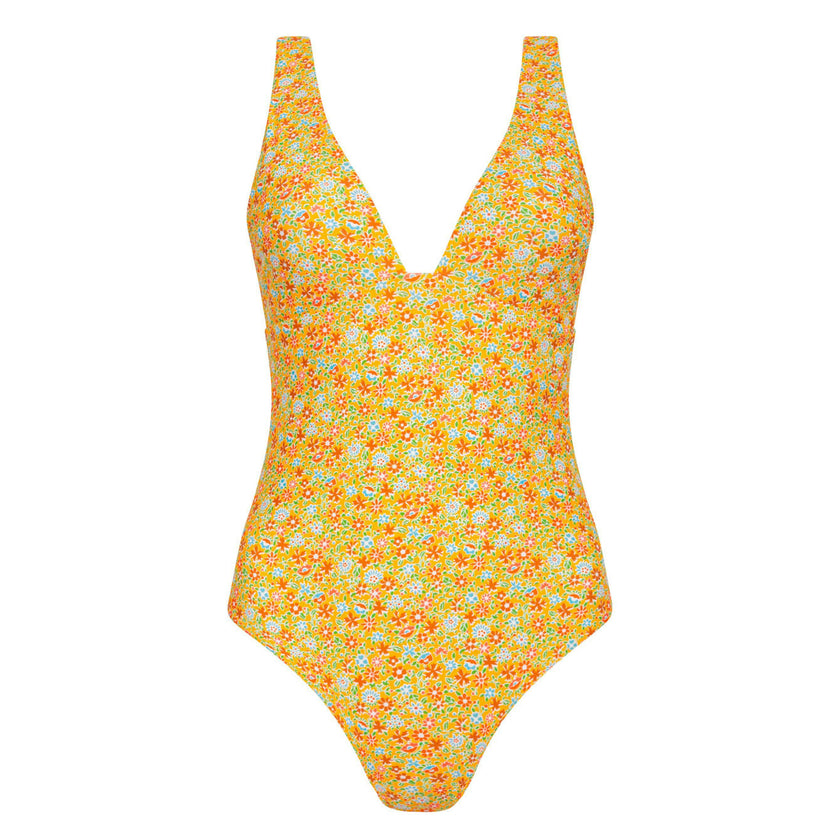 women's marigold floral v-neck one piece