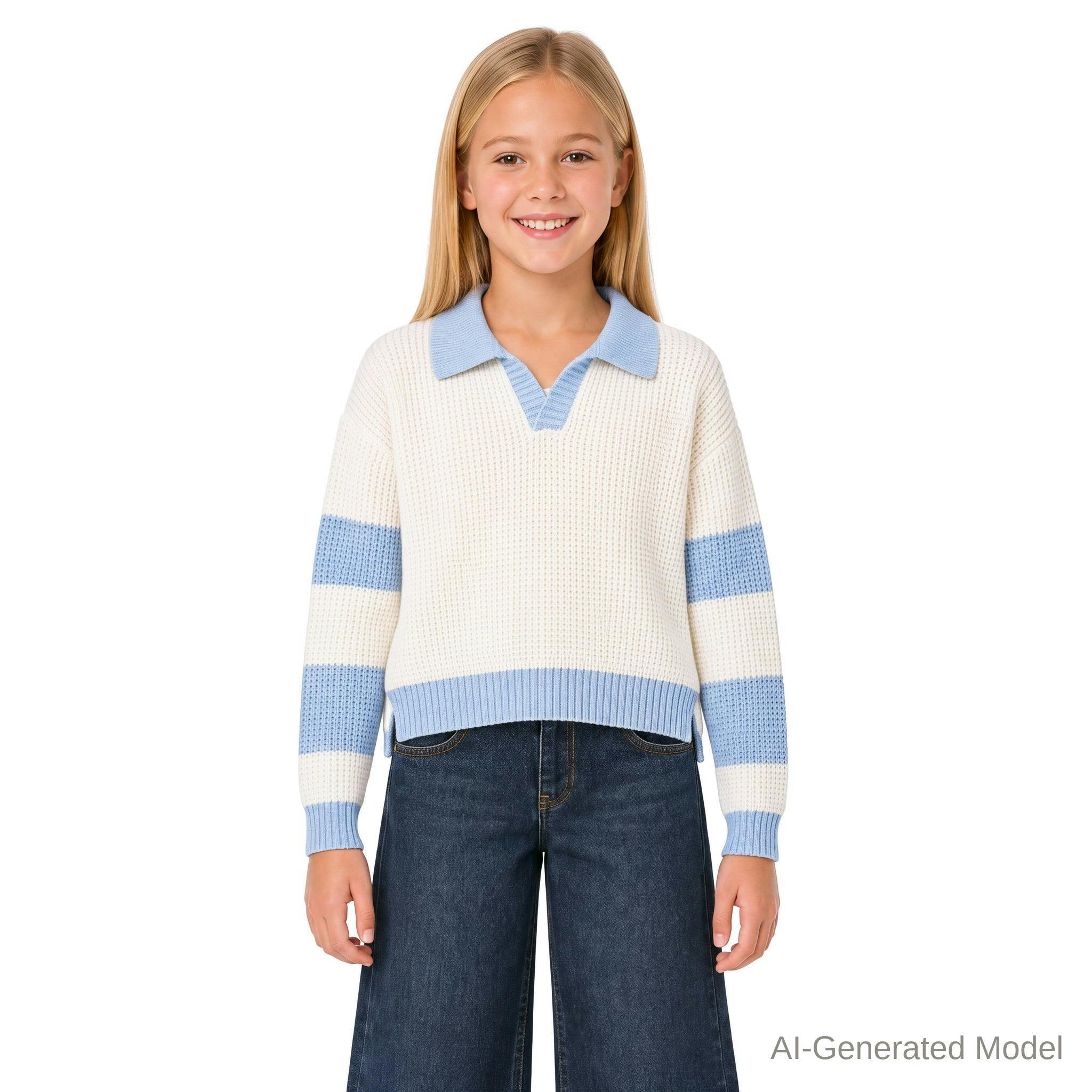 Tween Girls Slouchy Rugby Sweater | Beige & Blue