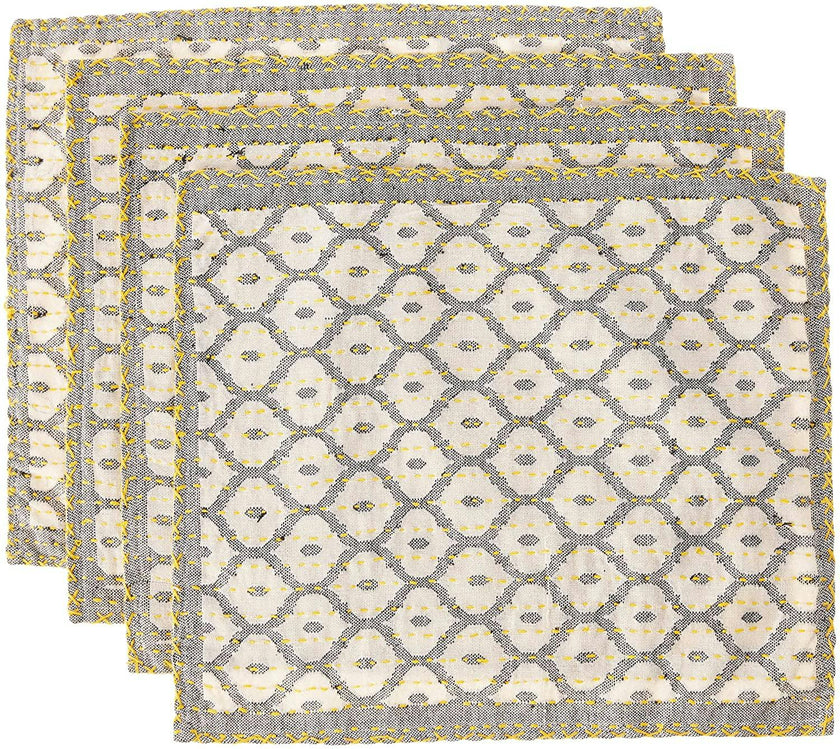 Artisan Hand Loomed Placemat - Gray Yellow Stitching - 14" x 19"- Set of 4