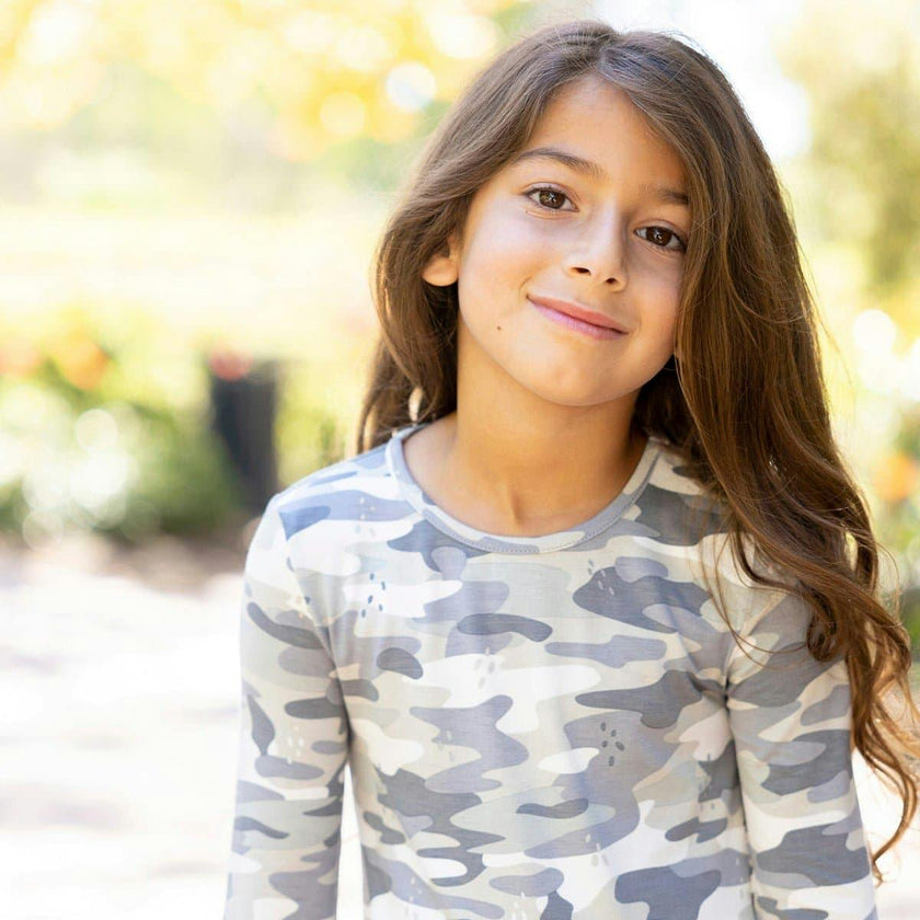 Grey Camo Bamboo Girls' Long Sleeve Dress
