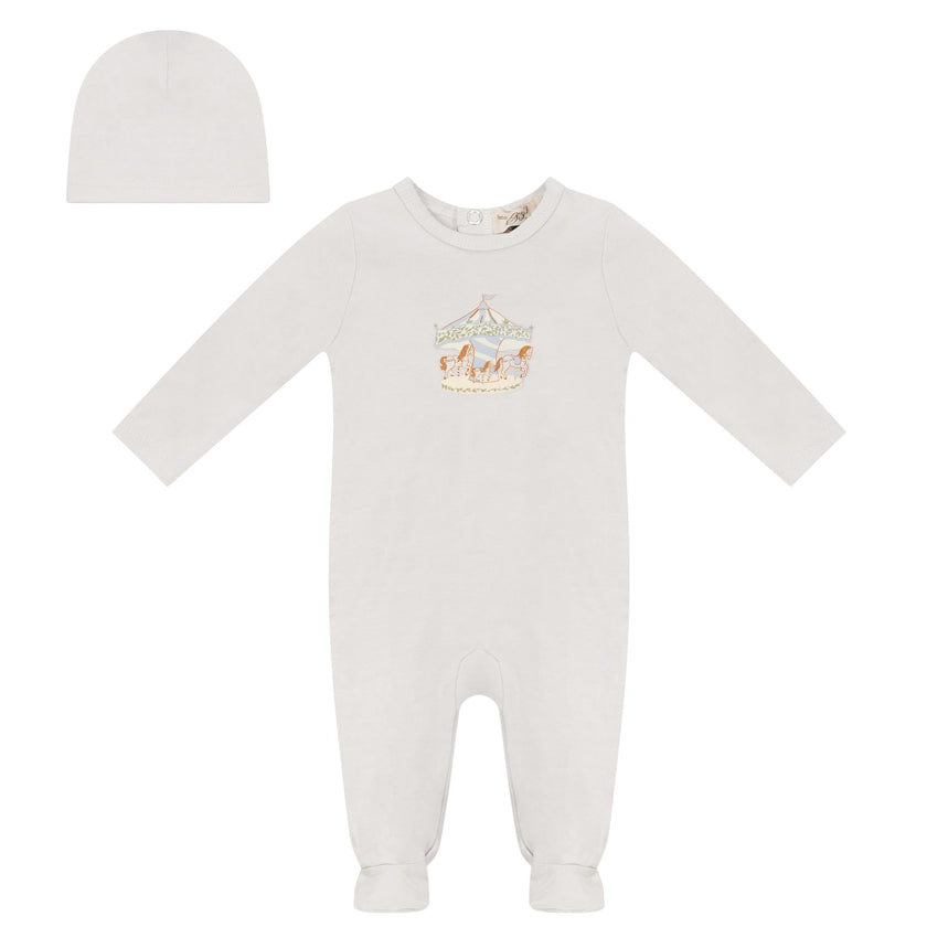 Carousel Print Snap Front Long Sleeve Romper and Hat Two Piece Set