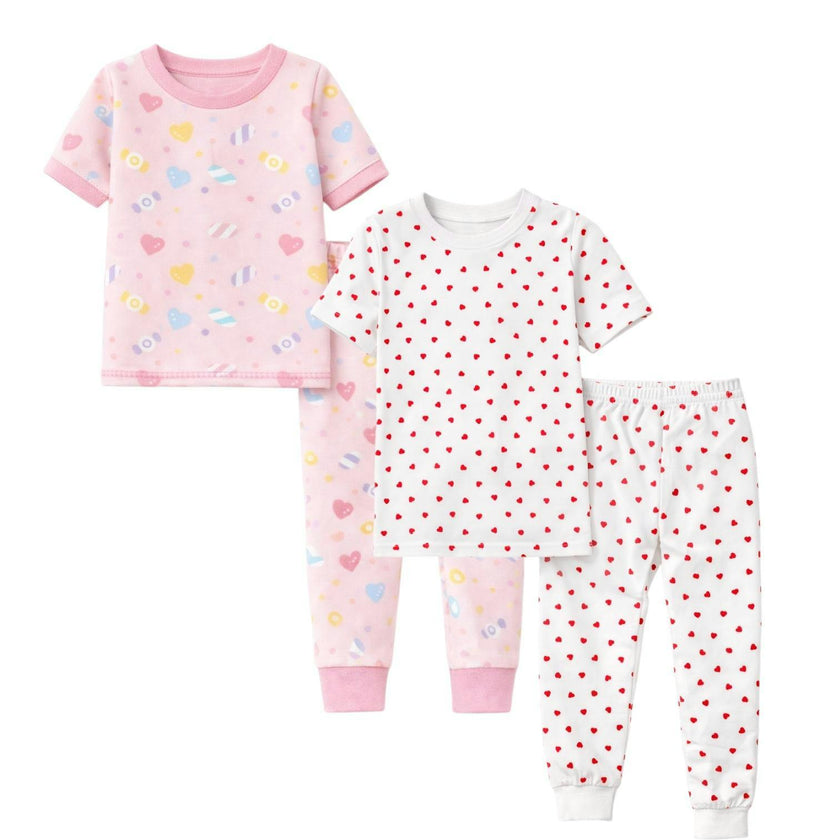 Kids and Toddlers 2 Pack Candy/Hearts Short Sleeve Snug Fitted Pajamas