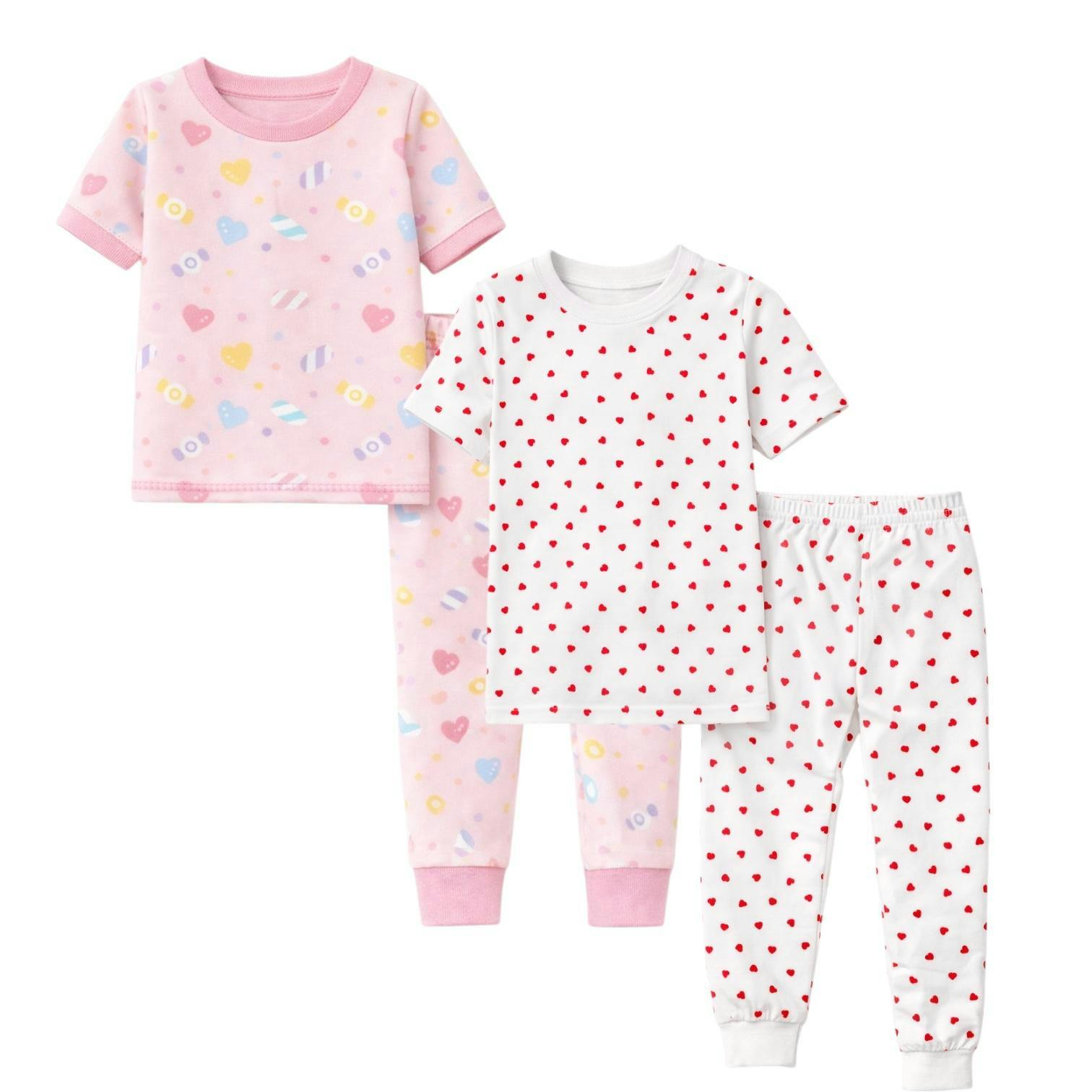 Kids and Toddlers 2 Pack Candy/Hearts Short Sleeve Snug Fitted Pajamas