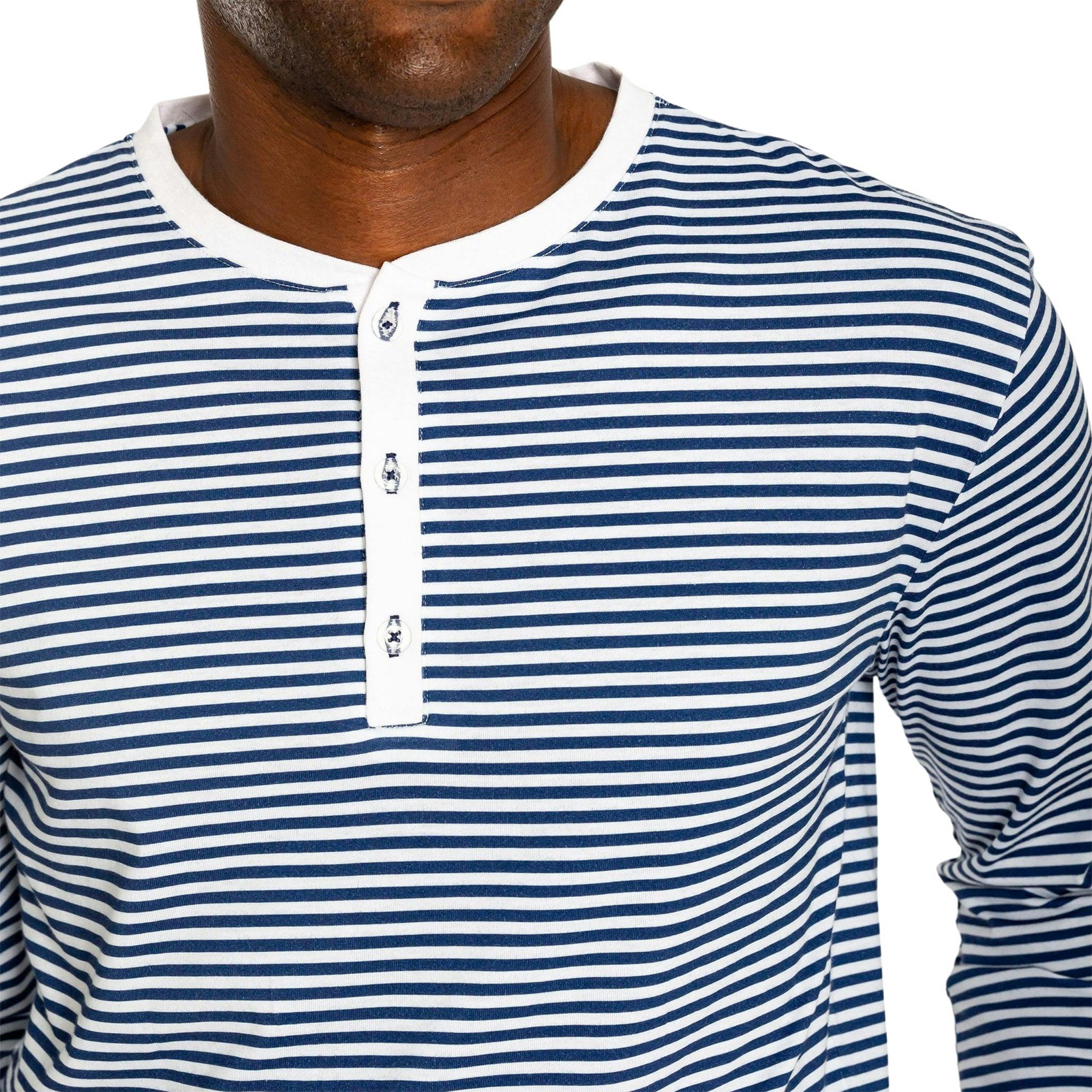 Men's Marina Jersey Long Knit Henley - Navy Stripe Organic Stretch Cotton
