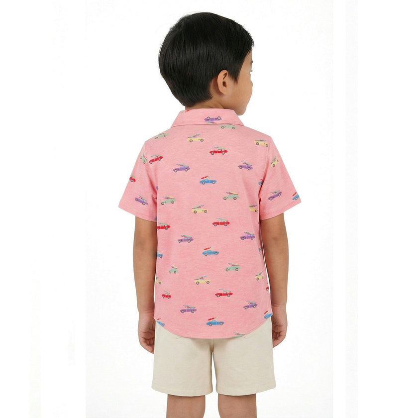 Boys Blue Printed Knit Buttondown | Orange Cars