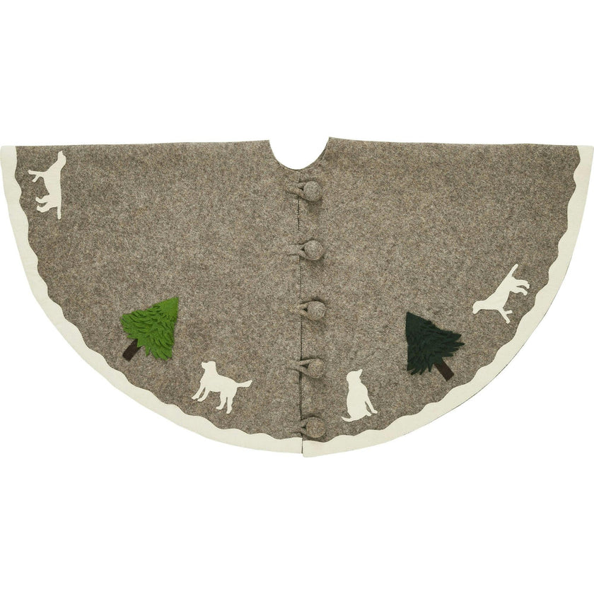 Cream Dogs and Green Trees Christmas Tree Skirt Gray Hand Felted Wool - 60" / 72"