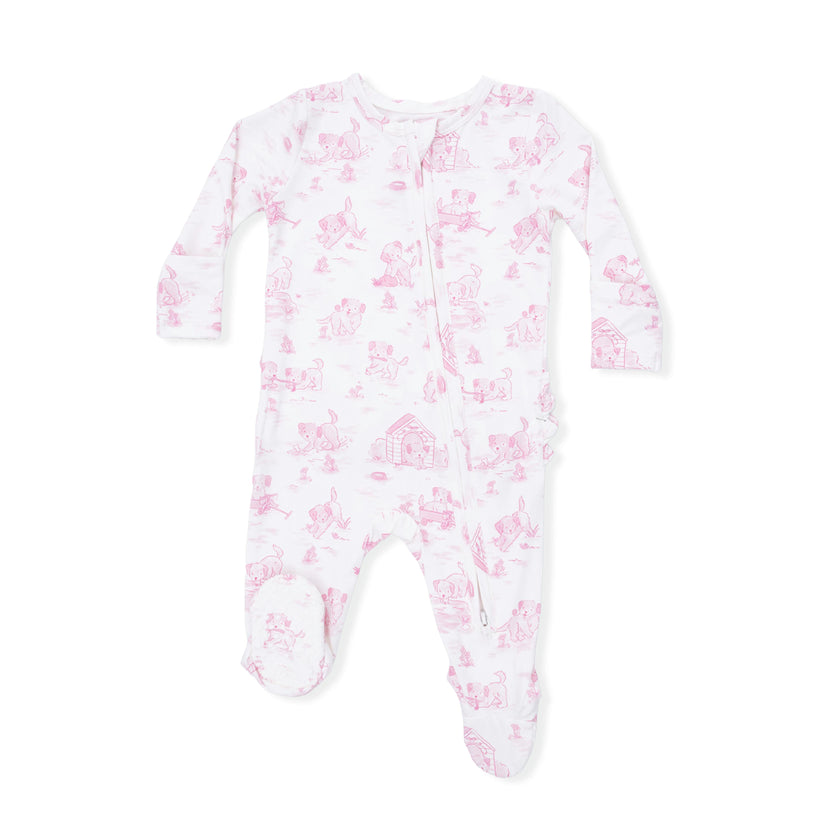 Puppy Toile Pink - 2 Way Ruffle Back Zipper Footie