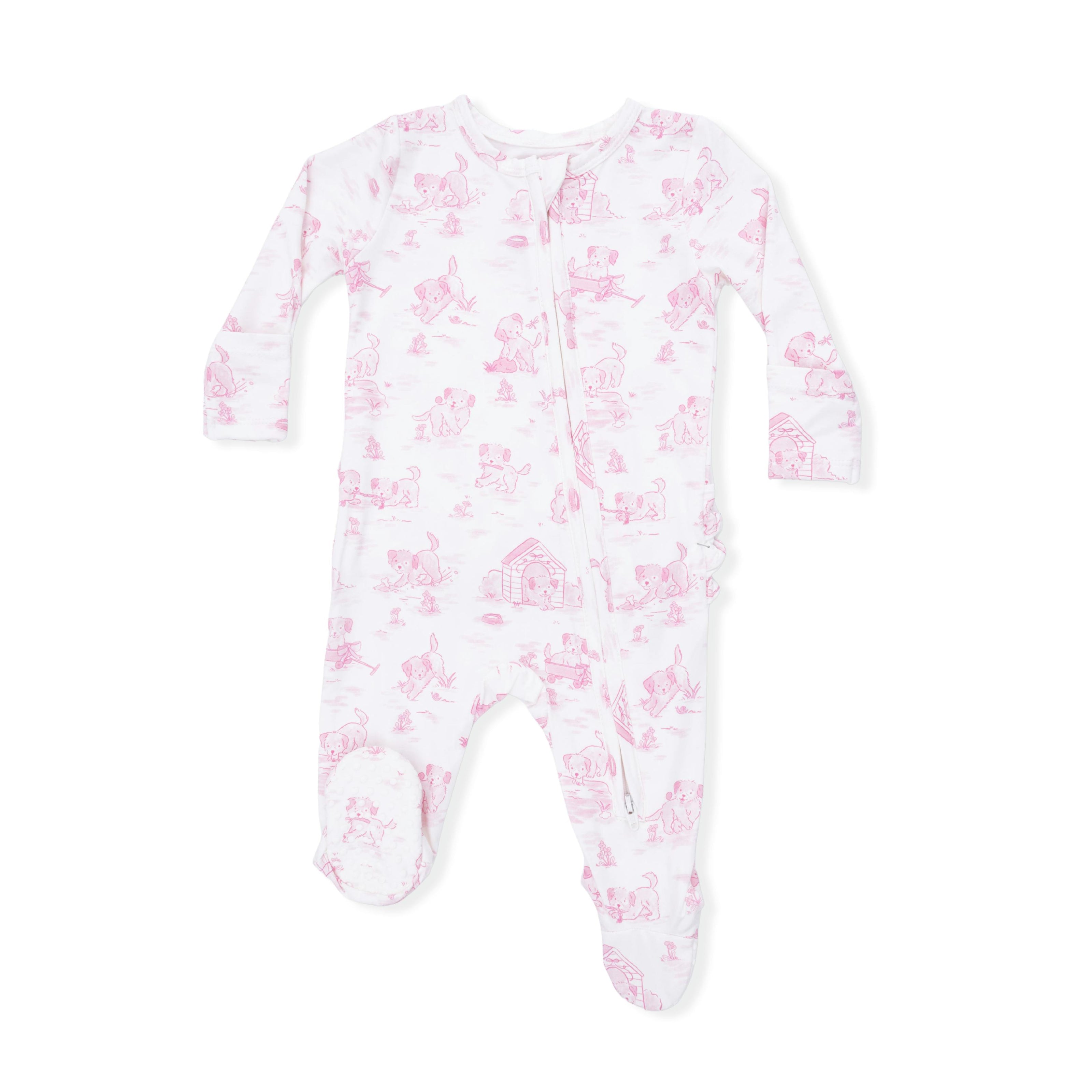 Puppy Toile Pink - 2 Way Ruffle Back Zipper Footie