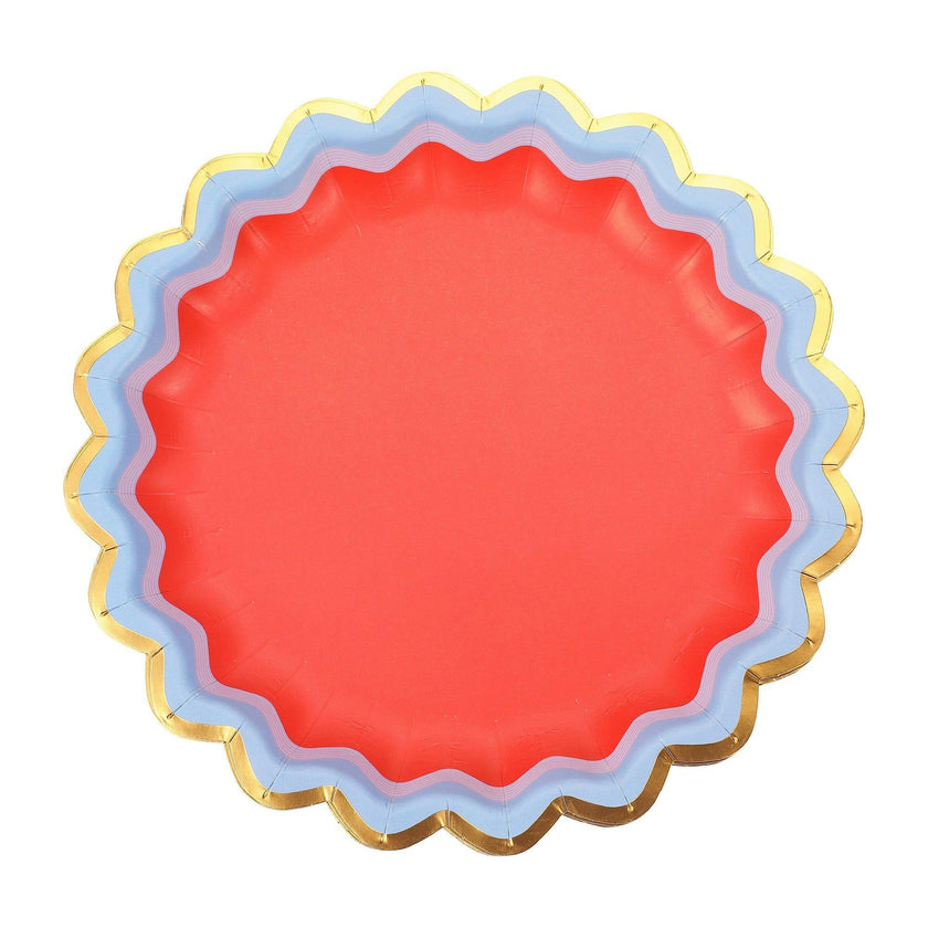 Packed Party Rainbow Ric Rac 10ct Paper Dessert Plates | Gold Foil Scalloped 5-Color Mix Party Plates | 8 Inch Birthday Plates