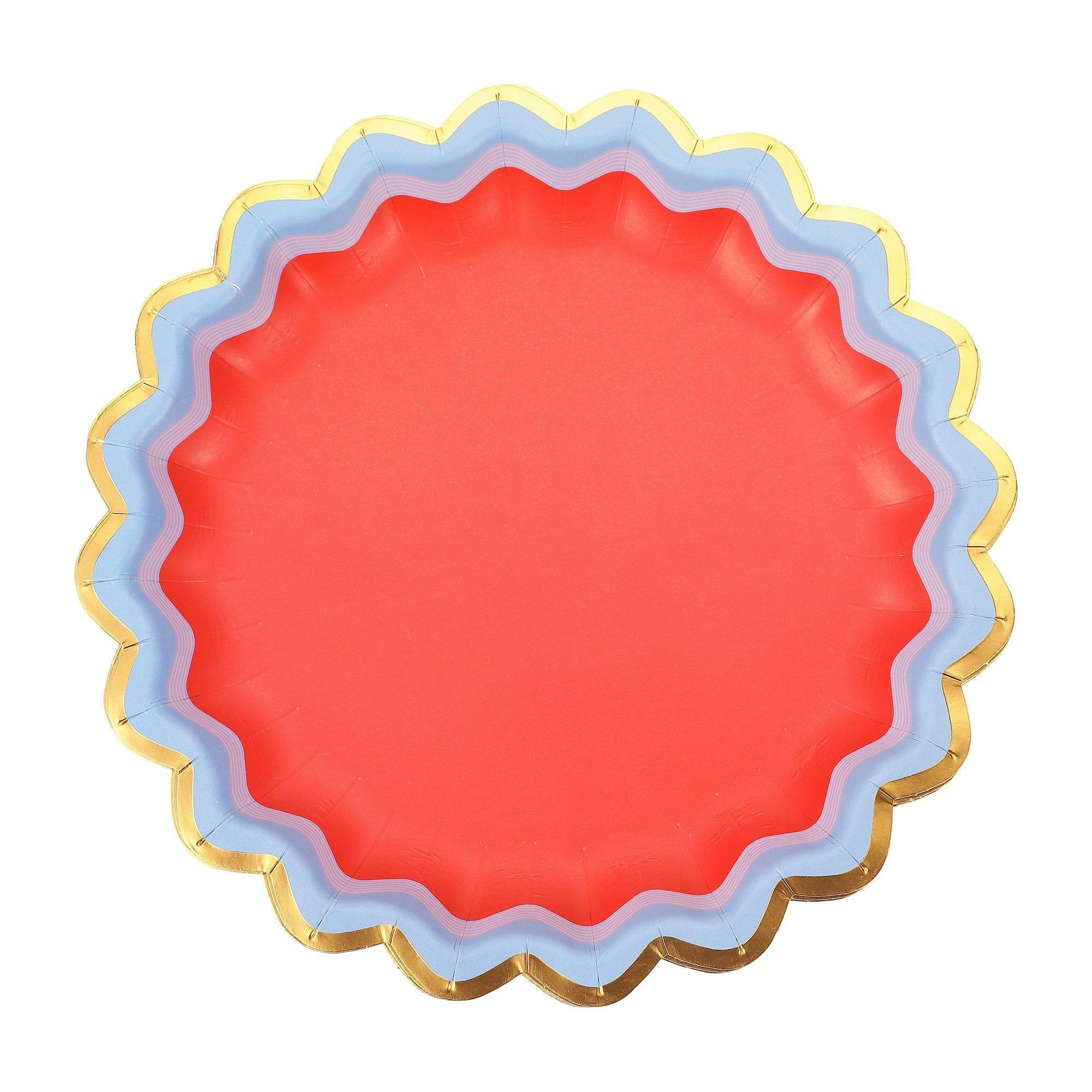 Packed Party Rainbow Ric Rac 10ct Paper Dessert Plates | Gold Foil Scalloped 5-Color Mix Party Plates | 8 Inch Birthday Plates