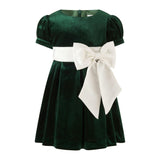 Green Velvet Contrast Bow Dress