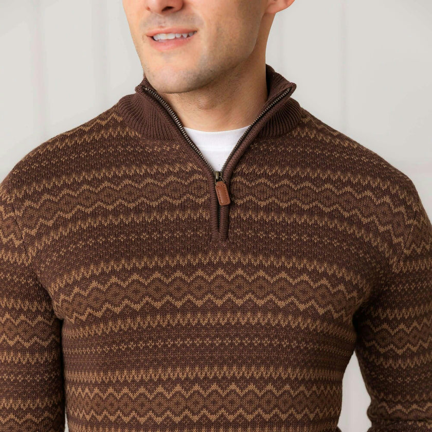 Men's Organic Half Zip Intarsia Pullover Sweater, Brown