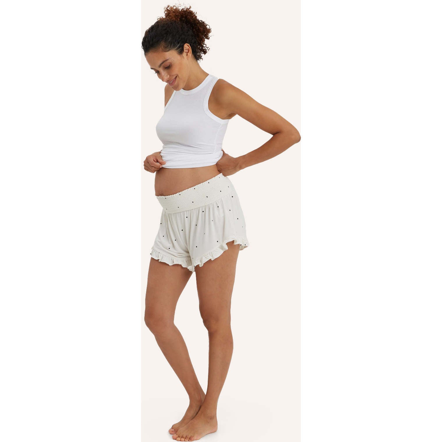Women's Fleur Smocked Waist Ruffle Trim Maternity Short, Dots