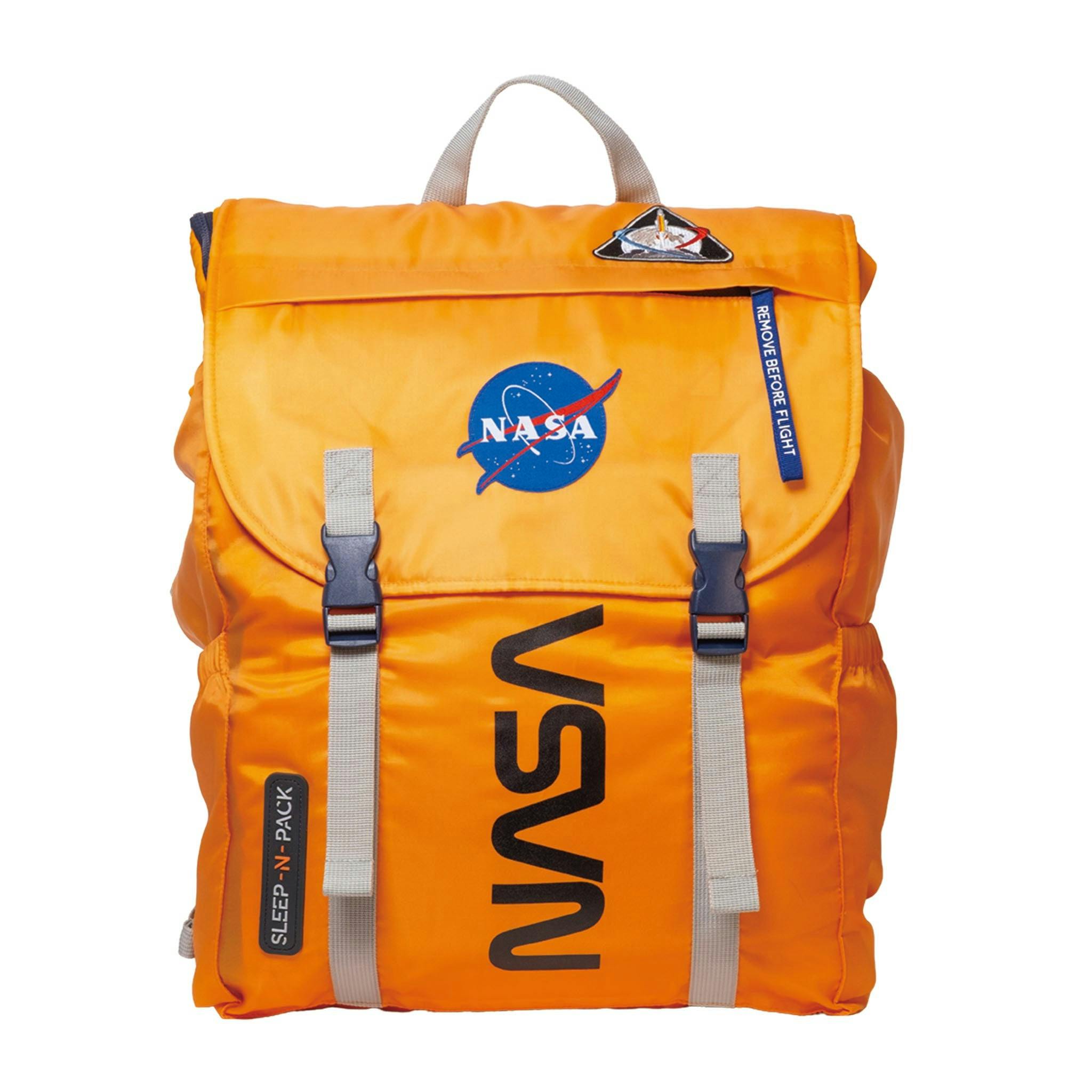 Sleep-N-Pack™ – Big Kid Size | NASA Official Logo & Patches | 2-in-1 Backpack & Sleeping Bag with Cozy Fleece Liner - ORANGE