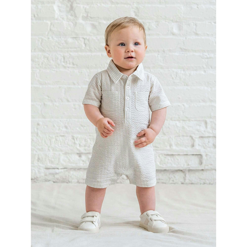 Mato Seersucker Collared Romper - Dune Stripe