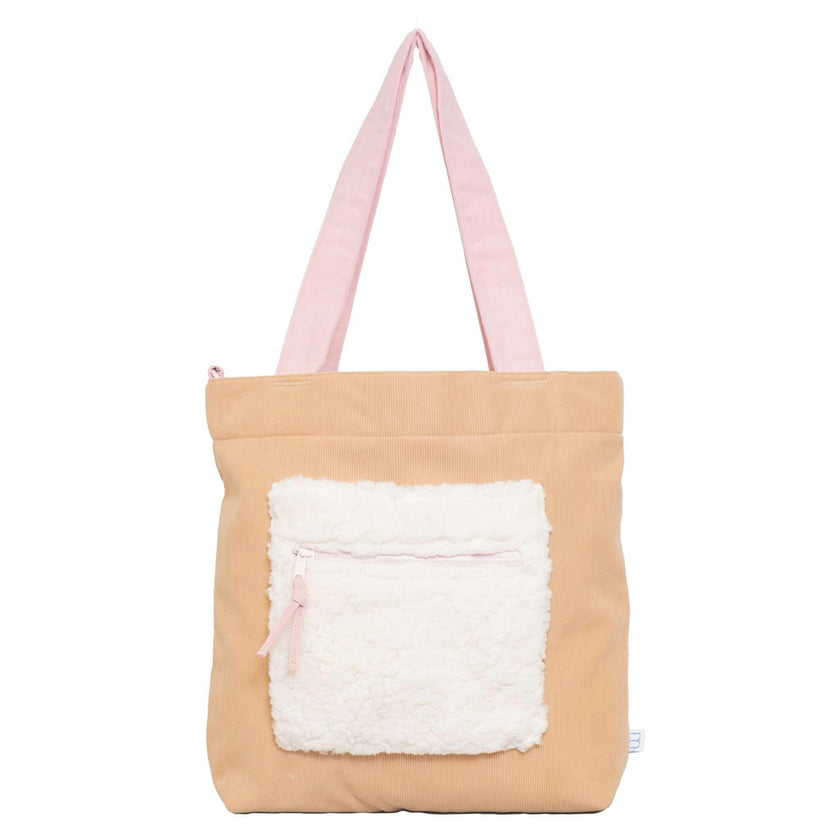 Color Block Tote – Corduroy & Sherpa Bag with Double Pockets + Cozy Coin Purse, Curry