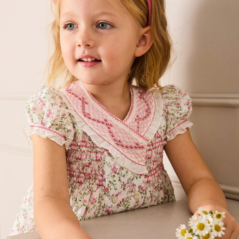 Alice Floral Double Breasted Hand Smocked Dress in Pink (12mths- 10yrs)