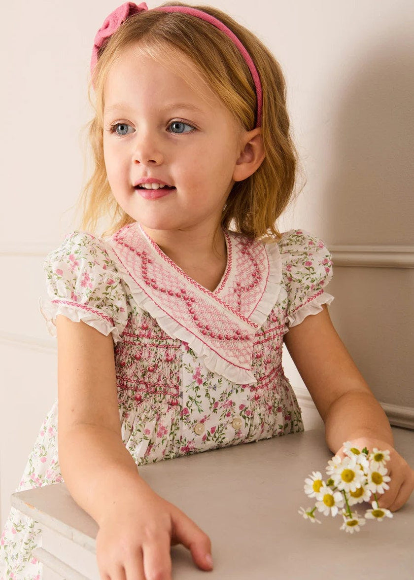 Alice Floral Double Breasted Hand Smocked Dress in Pink (12mths- 10yrs)