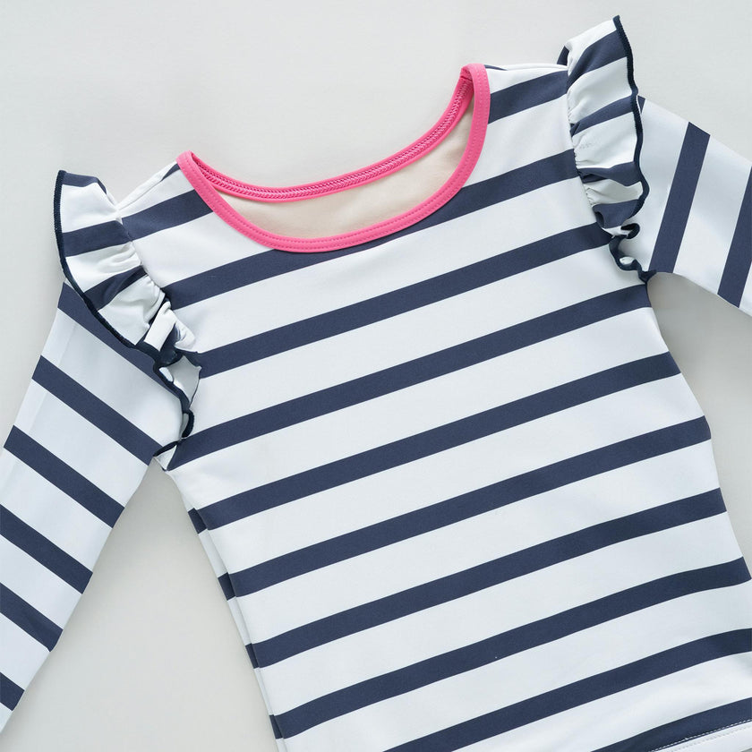 Girls Rash Guard Set - Navy Stripe