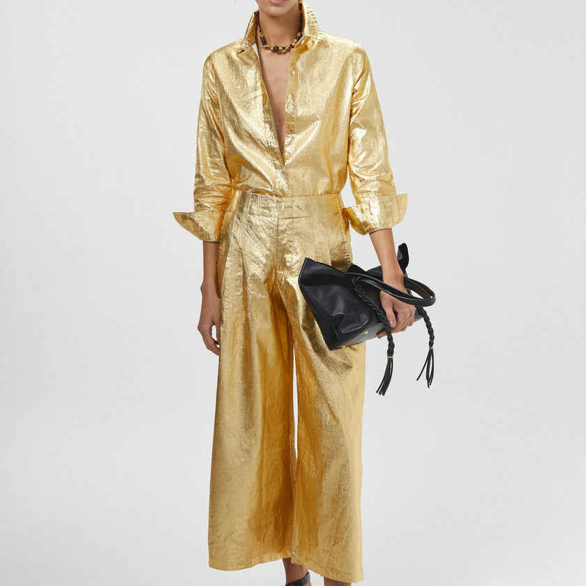 Culotte Metallic Linen Pants - Gold