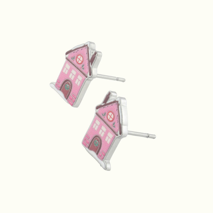 Pink Holiday Village House Stud Earrings