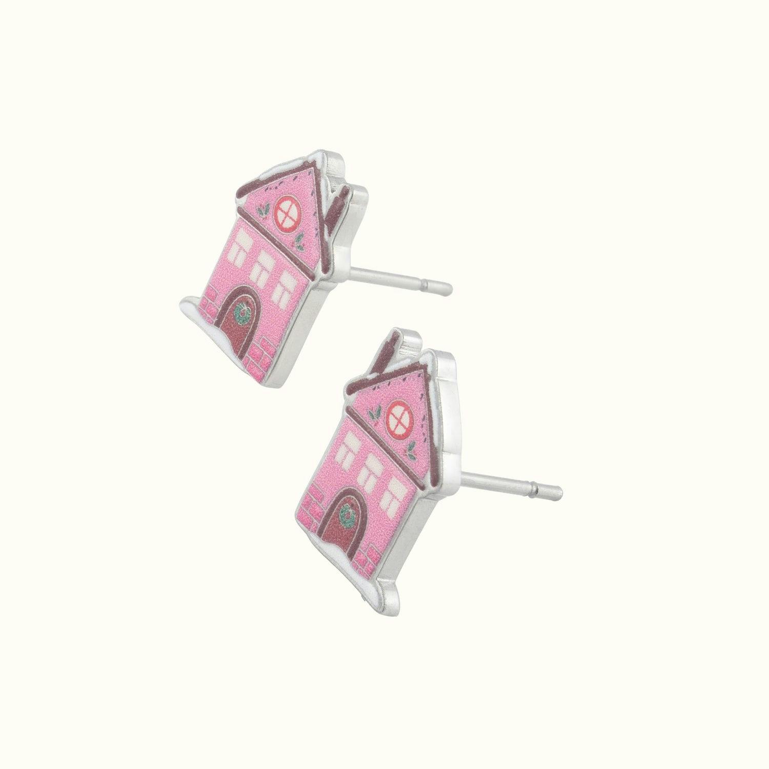 Pink Holiday Village House Stud Earrings