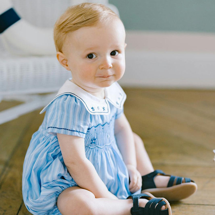 Riviera Blue Stripe Smocked Bubble Romper