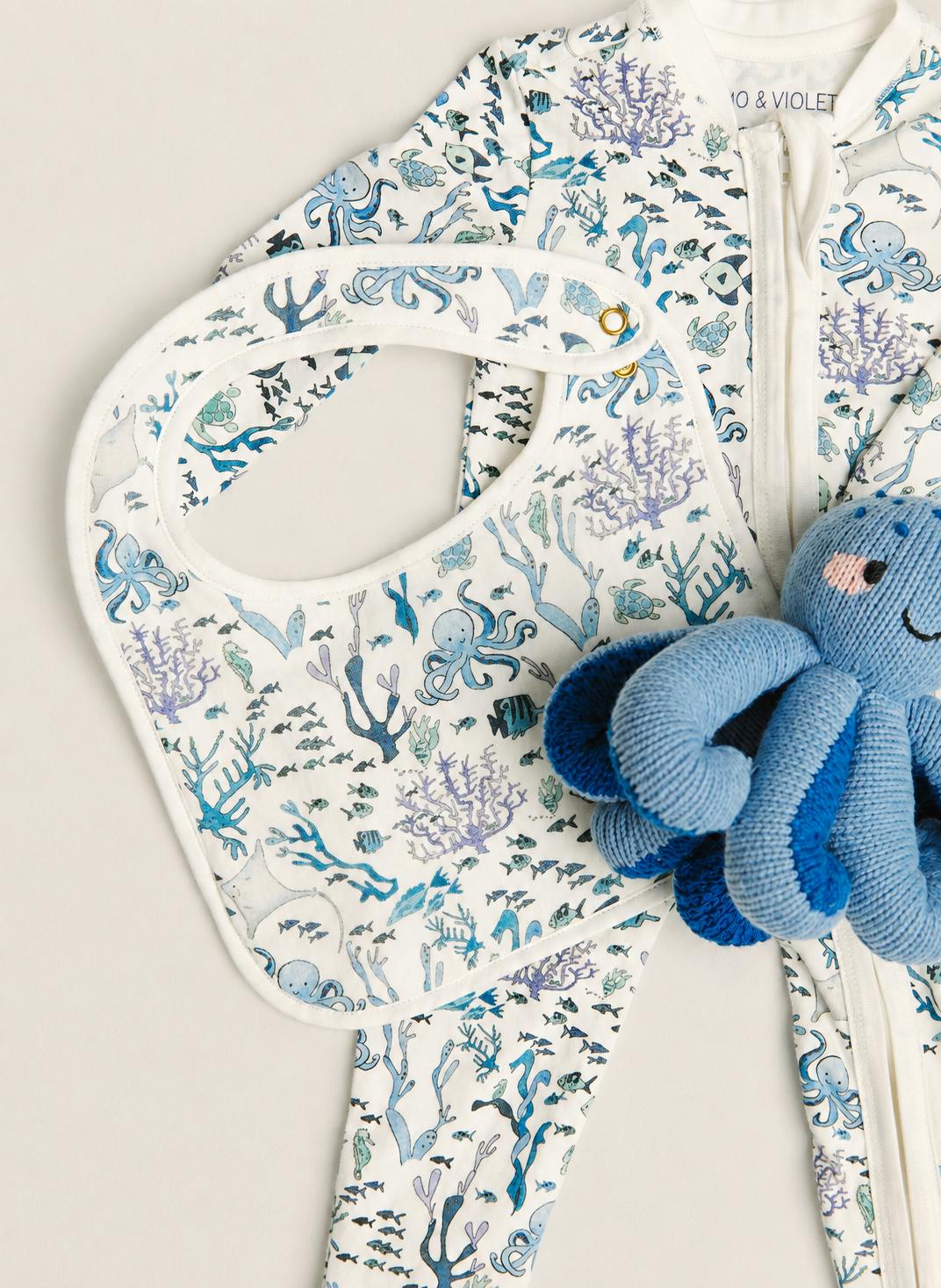 Baby Classic Bib - Coral Reef and Indigo the Octopus - Knit Doll