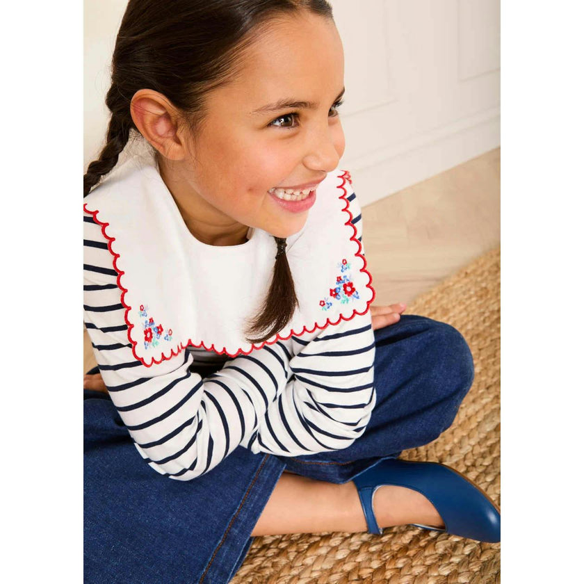 Sailor Stripe Floral Embroidered Mariner Collar Top in White (2-12yrs)