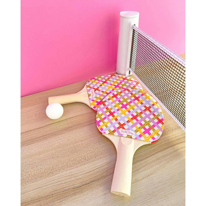 Packed Party Game Set Match Table Tennis Set - 2 Multicolor Plaid Wooden Paddles, 3 Balls, and Retractable Net for Any Table, 6-Piece Complete Set