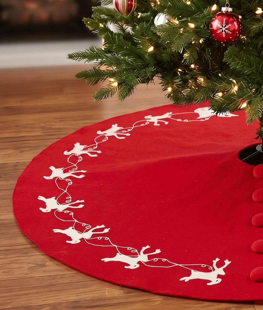Cream Reindeer Red Christmas Tree Skirt Hand Felted Wool - 60"/72"