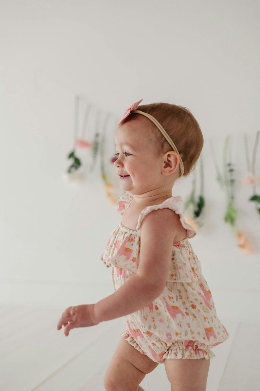 Baby Girl Gauze Bubble Romper in Sketched Daisy