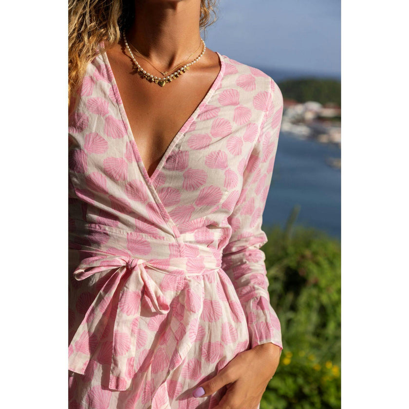 Genevieve Women's Ruffle Wrap Dress Shell Beach Pink, Pink