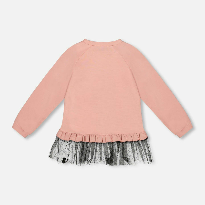 Long Bi-Material Top with Mesh Ruffle Hem and Leopard Print