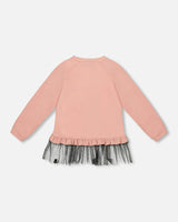 Long Bi-Material Top with Mesh Ruffle Hem and Leopard Print