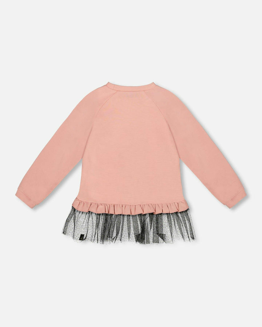 Long Bi-Material Top with Mesh Ruffle Hem and Leopard Print