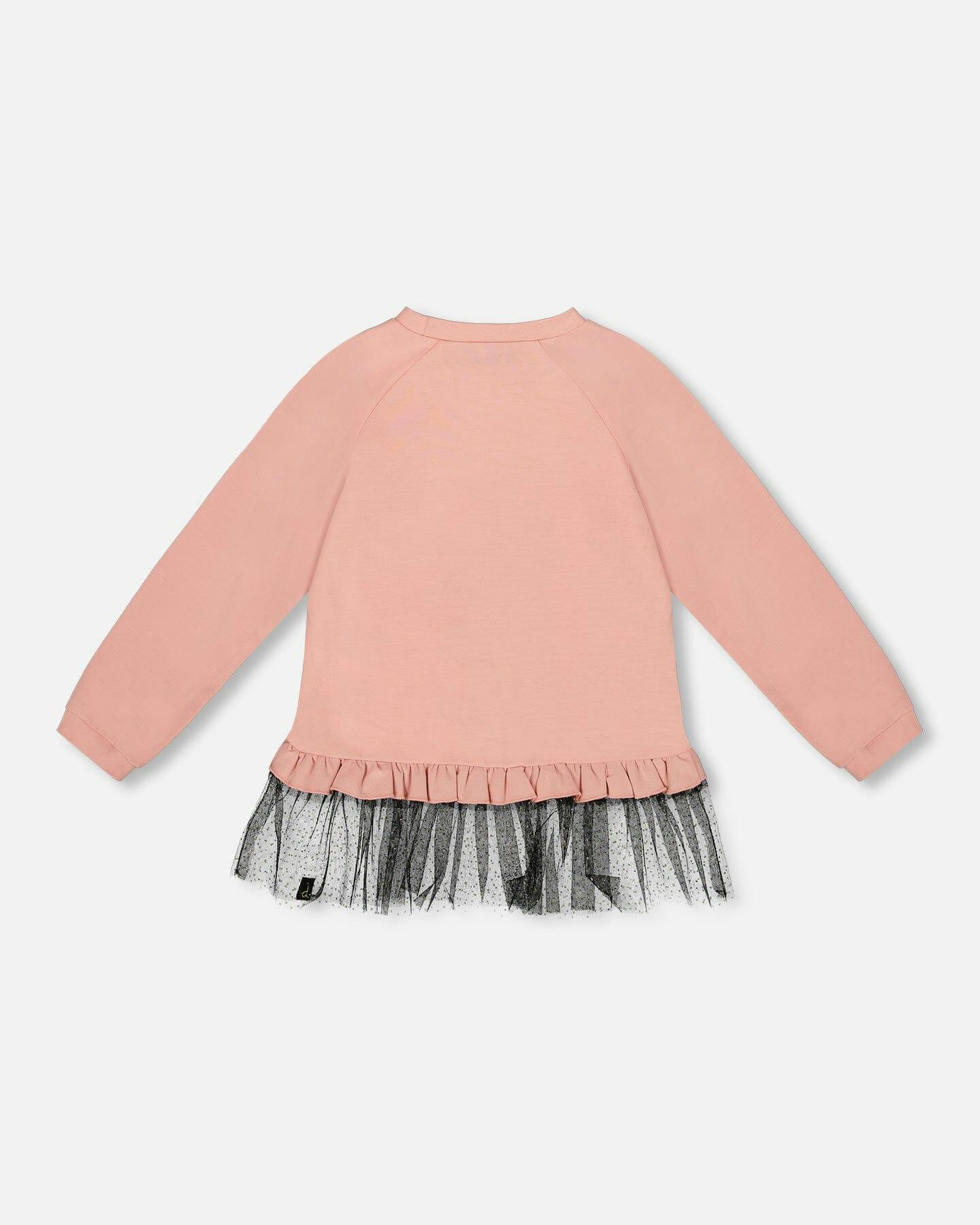 Long Bi-Material Top with Mesh Ruffle Hem and Leopard Print