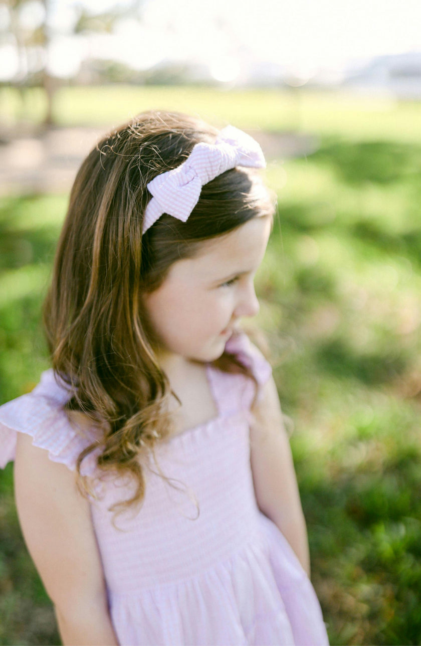 Seersucker Bow Headband in Pink/White