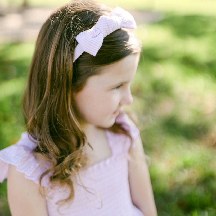 Seersucker Bow Headband in Pink/White