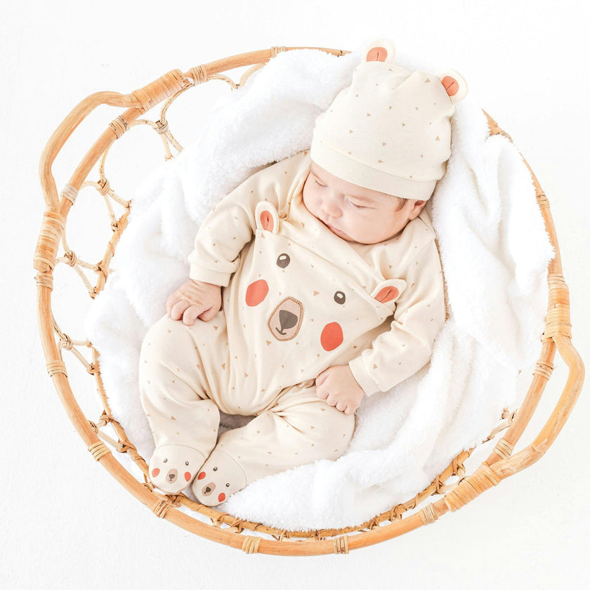 Beige Adventurous Bear Babygrow & Hat