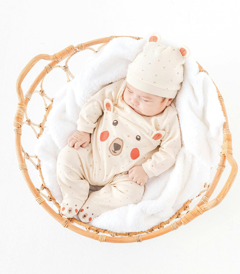 Beige Adventurous Bear Babygrow & Hat