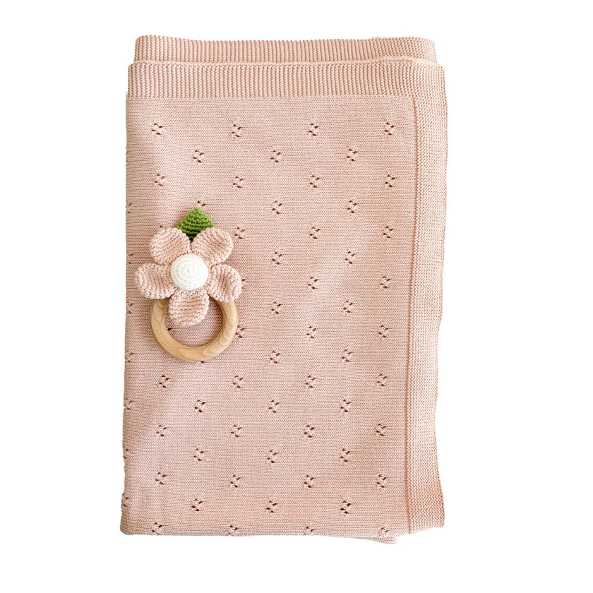 Blush Pique Blanket Pink Flower Rattle Gift Set