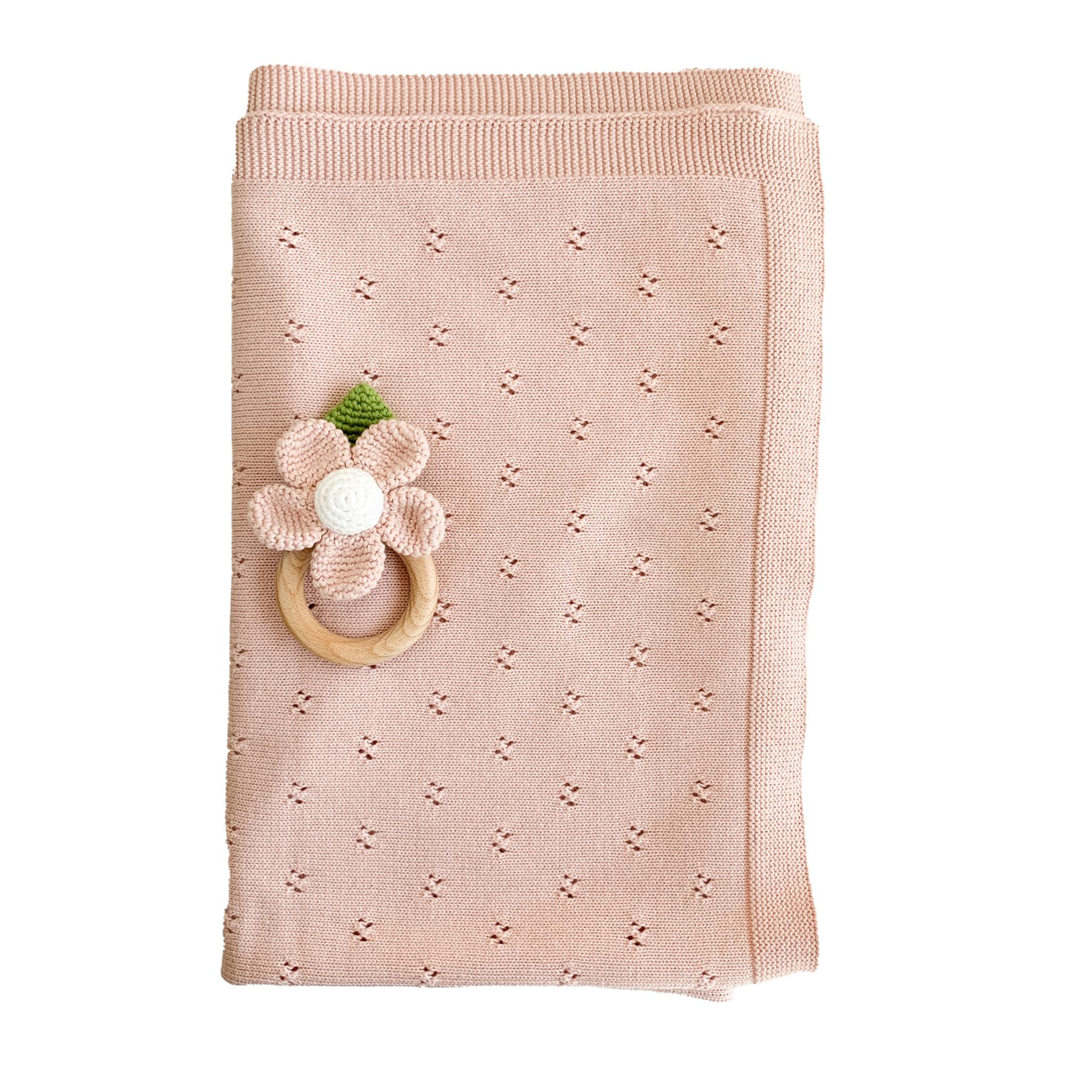 Blush Pique Blanket Pink Flower Rattle Gift Set