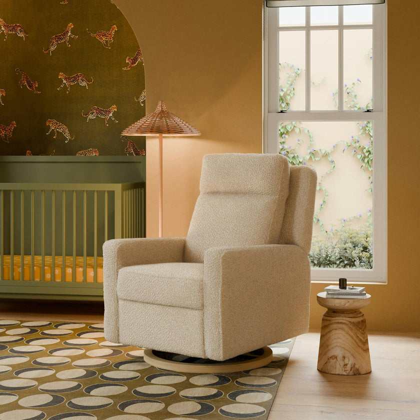 Sigi Pro Power Glider Recliner W/ Power Lumbar In Almond Teddy Loop W/Light Wood Base